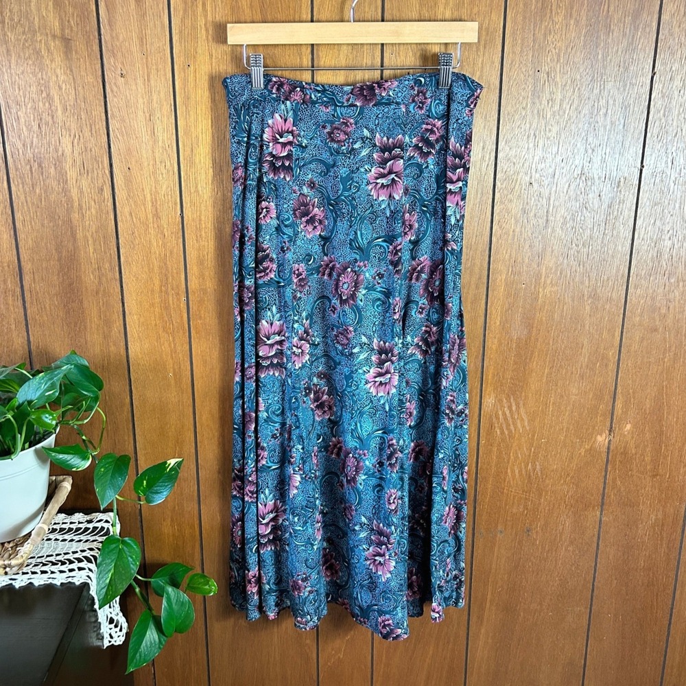 Vintage Maggie Lawrence Vintage Floral Paisley Maxi Skirt Teal Rayon Boho Garden